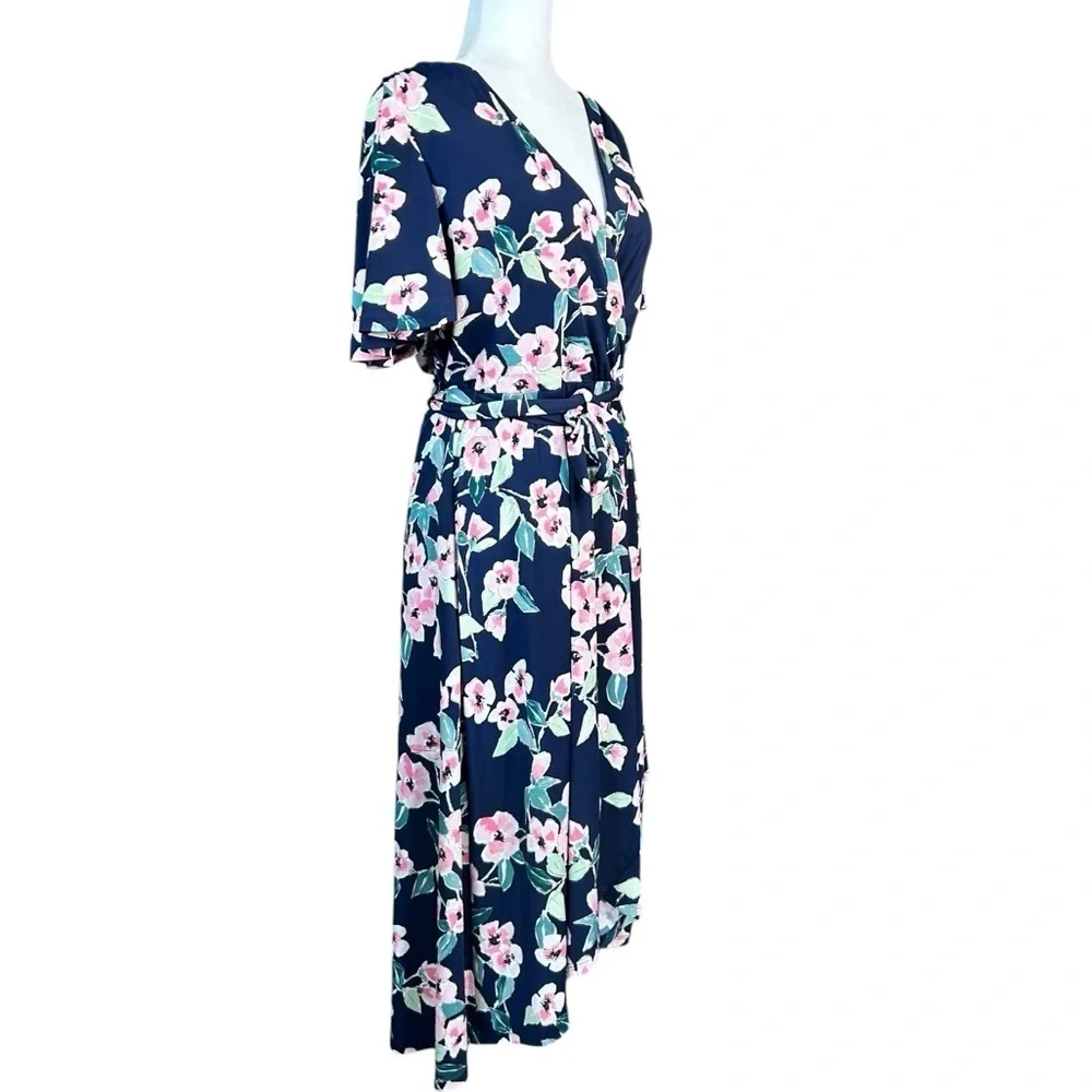 NEW ELIZA J Ditsy Floral Faux Wrap Dress Jersey Knit 12 Surplice Neck Belted